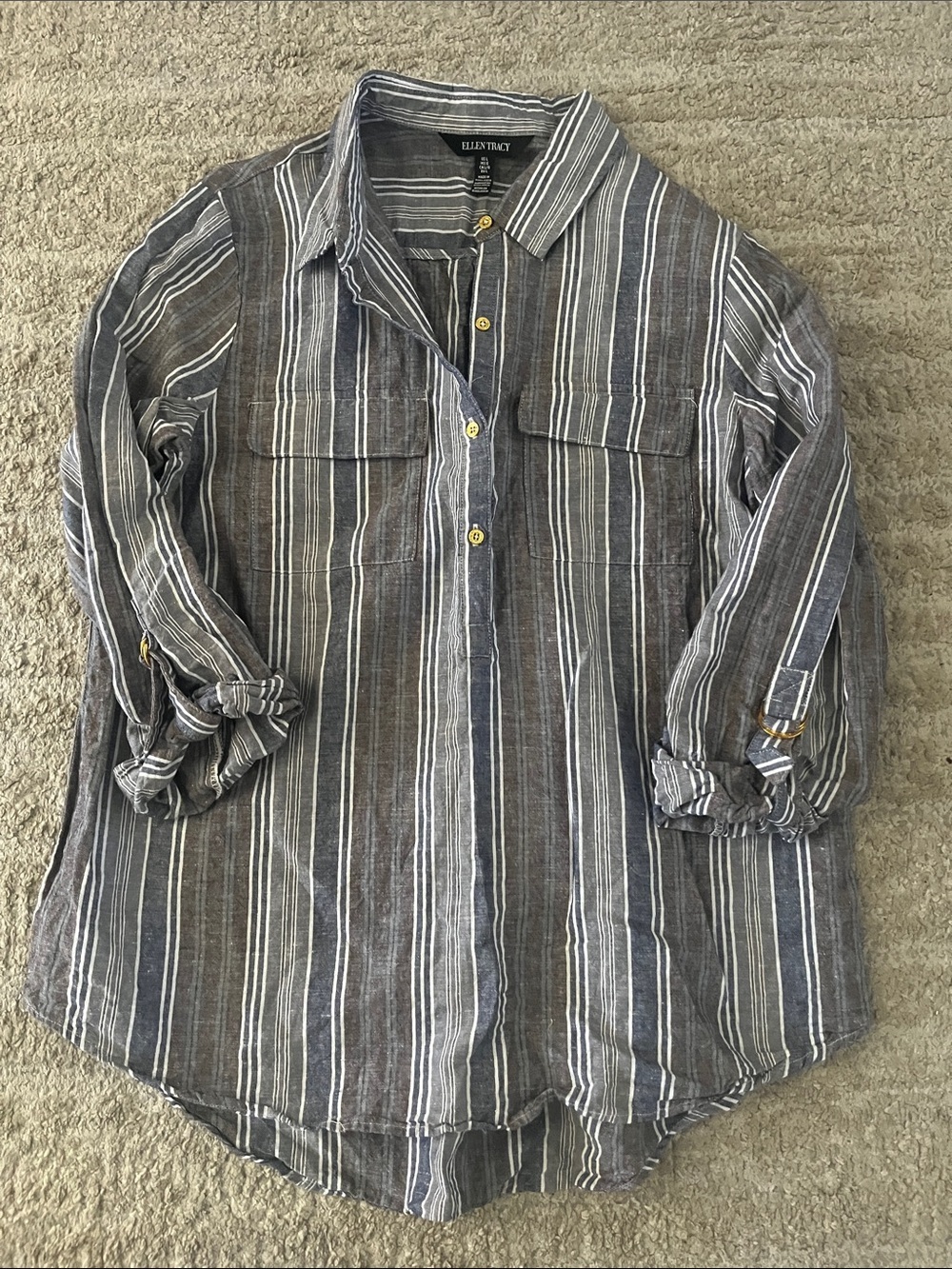 Ellen Tracy Gray and Blue Striped Casual Linen Cotton Collared Blouse Large